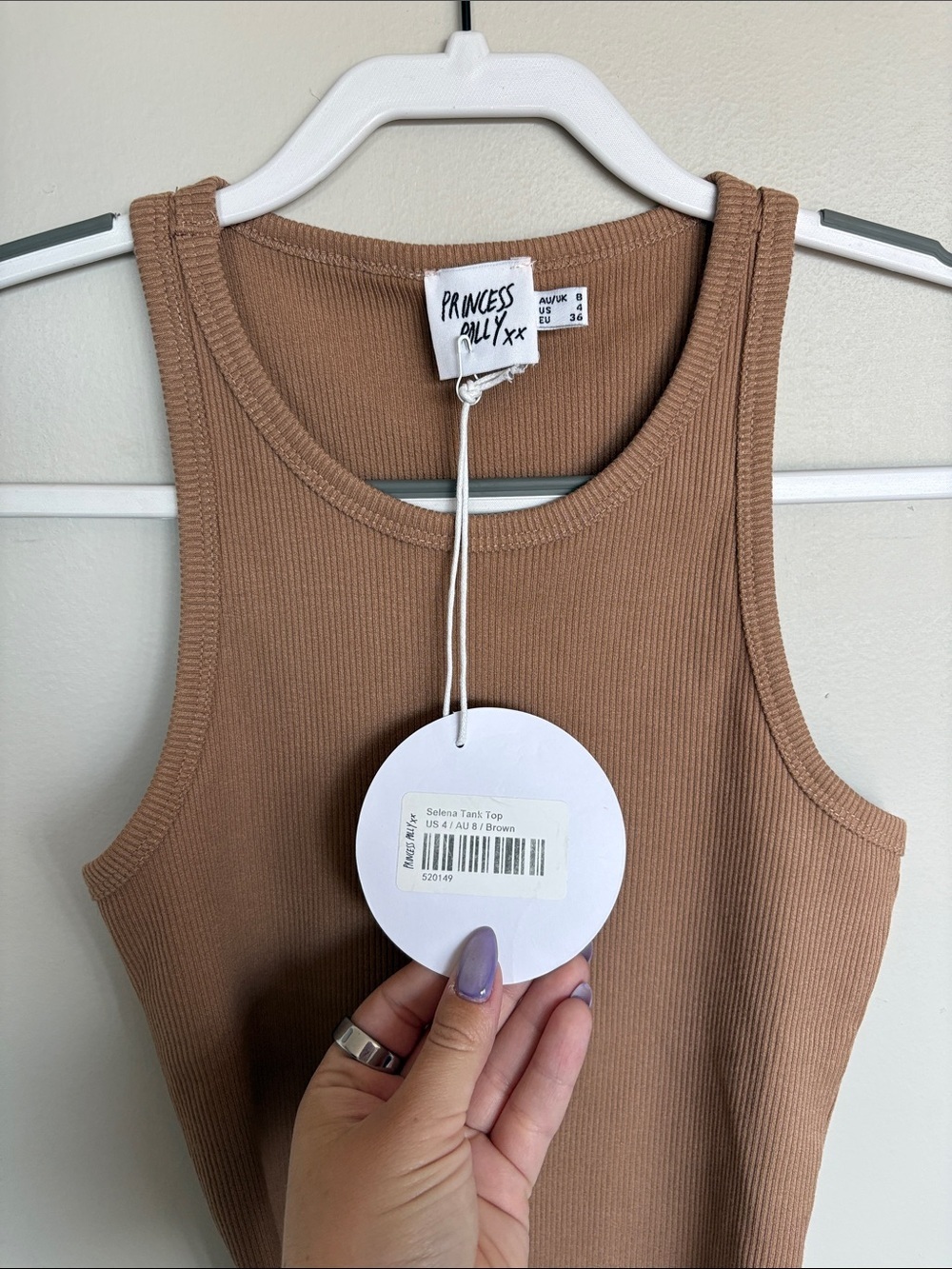 Princess Polly Selena Ribbed Tank Top Brown Size 4 NWT - Picture 2 of 6